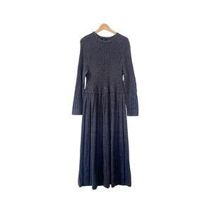J.Crew Dark Grey Ribbed Wool Blend Long Sleeve Pleated Drop Waist Midi Dress